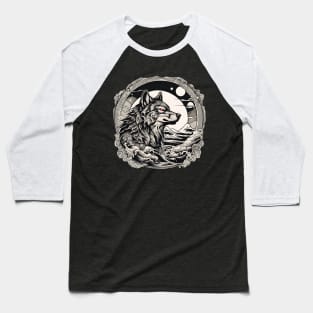 Vintage Japanese Tattoo Art Moonlight Mountain Wolf Baseball T-Shirt